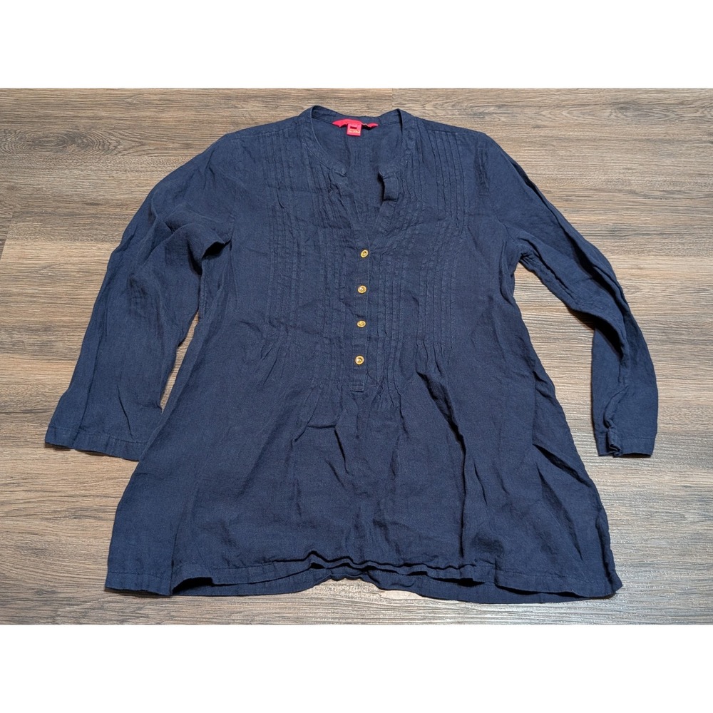 Lilly Pulitzer Sarasota Navy Blue‎ 100% Linen Tunic Top Small Long Sleeve